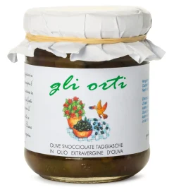 Entsteinte Taggiasca-Oliven in Olivenöl